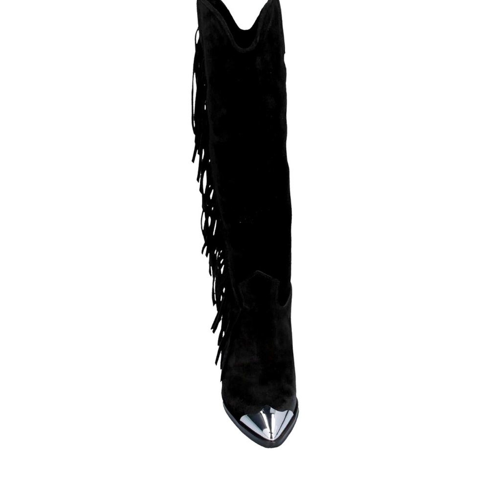FREE PEOPLE Black Suede Boots Fringe Western Festival Silver Toe Tips Caps 40 10 - Picture 11 of 12